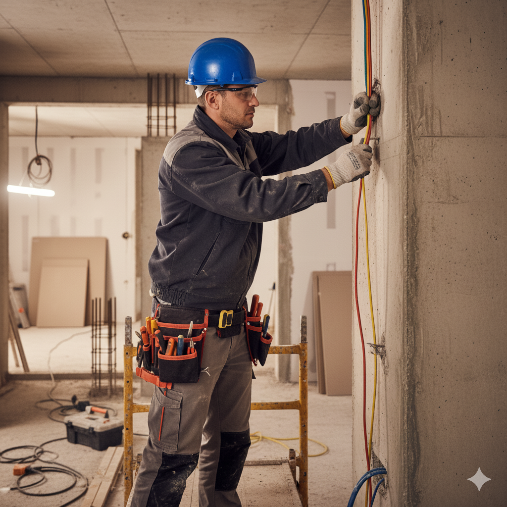 Monteur bei der Elektroinstallation auf einer Baustelle